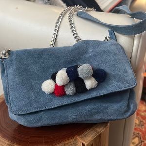 Blue suede Zara cross-body bag with pompoms